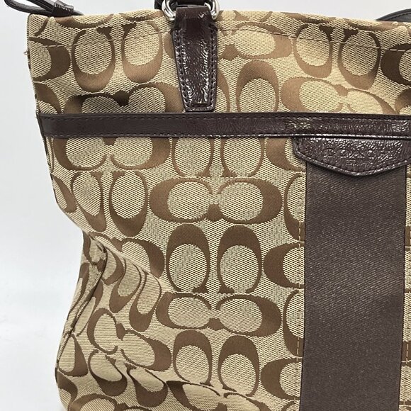 Authenticated Coach Signature Canvas Tote Patent Leather Trim Tan/Brown F28504 - Picture 3 of 15